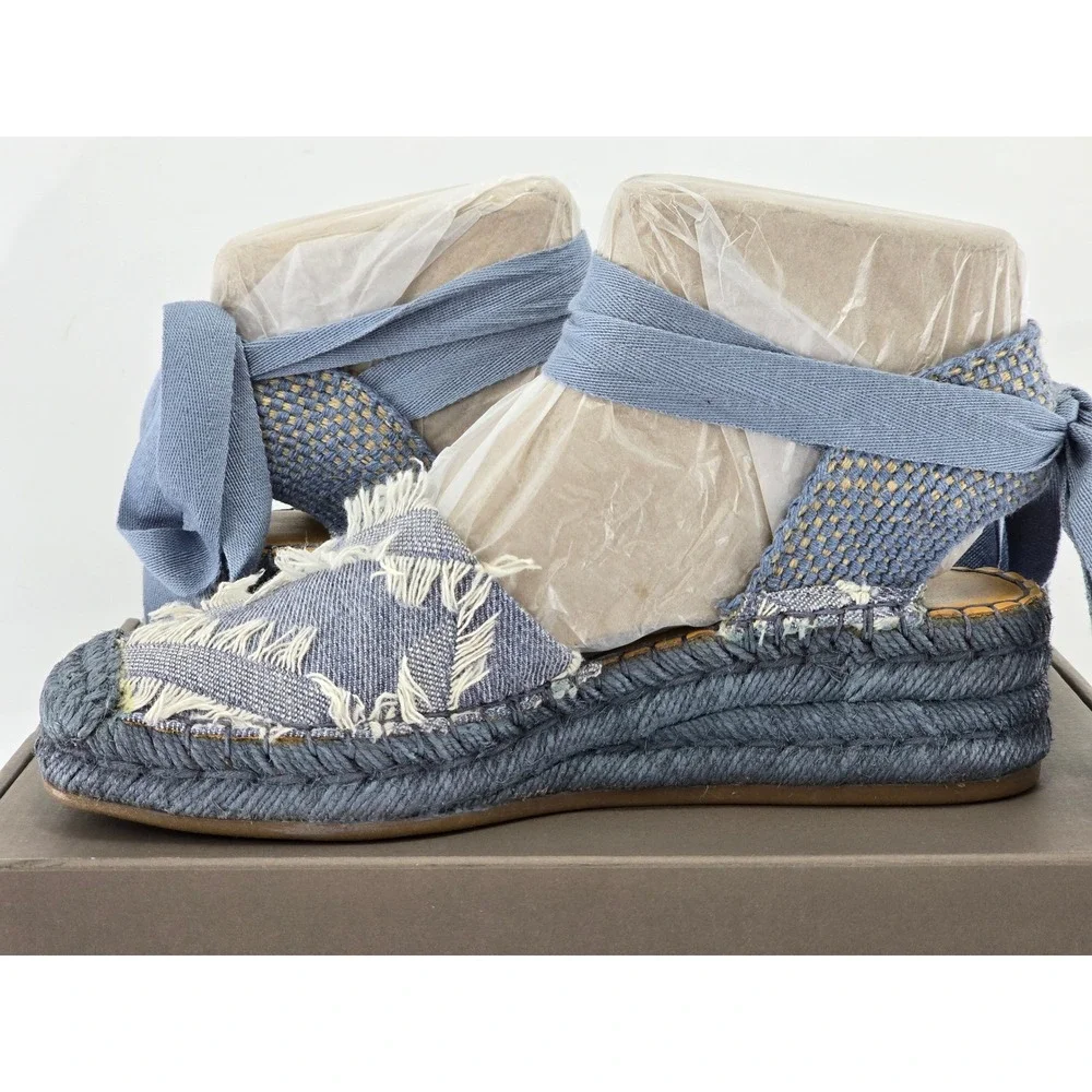 Franco Sarto L-Britney Espadrille Sandals Womens 7.5 Blue Denim Wedge Tie -New